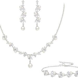 Women's Marquise Floral CZ Simulated Pearl Wedding Necklace Earrings Jewelry Set